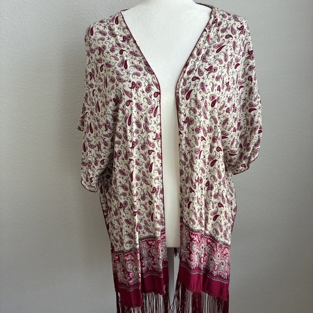 Kimono Coverup Open Front Paisley Floral Boho Festival Colorful Large Fringe